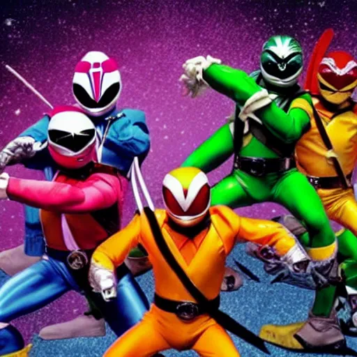 Image similar to power rangers fighting the teenage mutant ninja turtles