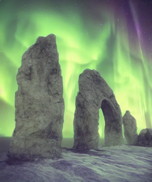 Prompt: stone archway, aurora borealis, portal, mysticism, photorealistic, fog