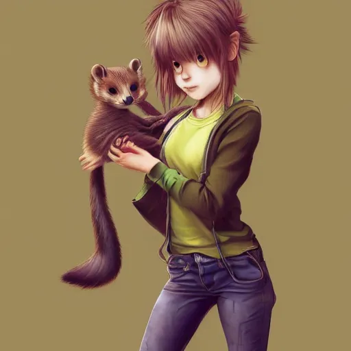 Prompt: girl holding a pine marten, digital art, by Yoshitaka Amano, trending on artstation, 4k, highly detailed