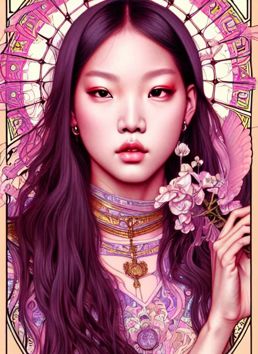 Image similar to jennie manoban of blackpink, tarot card, highly detailed, digital painting, smooth, sharp focus, illustration, ultra realistic, 8 k, art by artgerm and alphonse mucha