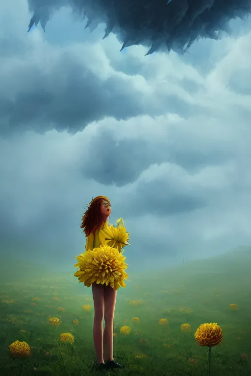 Image similar to closeup girl with huge yellow dahlia flower face, intricate, standing on mountain, surreal photography, blue storm clouds, dramatic light, impressionist painting, digital painting, artstation, simon stalenhag