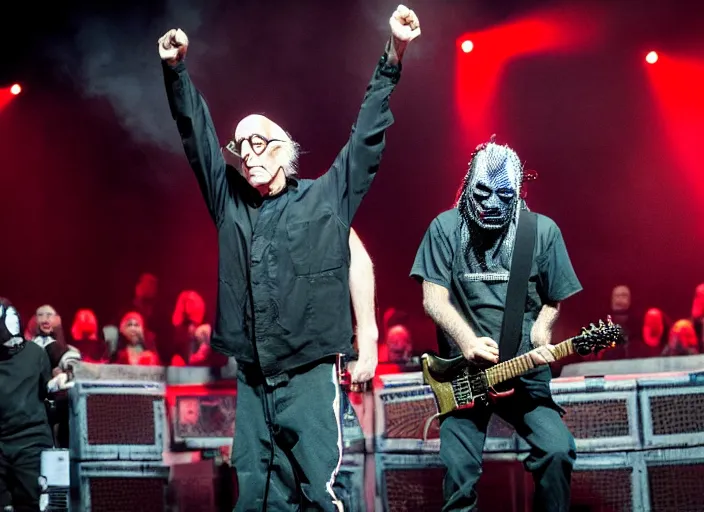 Image similar to publicity photo still of larry david touring with slipknot live on stage, 8 k, live concert lighting, mid shot