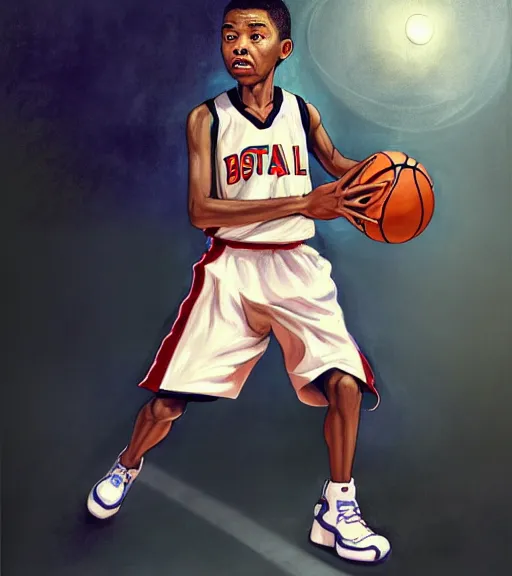 Prompt: portrait of a boy at a basketball court playing basketball wearing a basketball uniform in a basketball court standing near the basketball hoop, painted in 1999, intense emotion, detailed facial expression, detailed surroundings, intricate, elegant, highly detailed, centered, digital painting, artstation, concept art, smooth, sharp focus, illustration, by (Peter Mohrbacher), WLOP