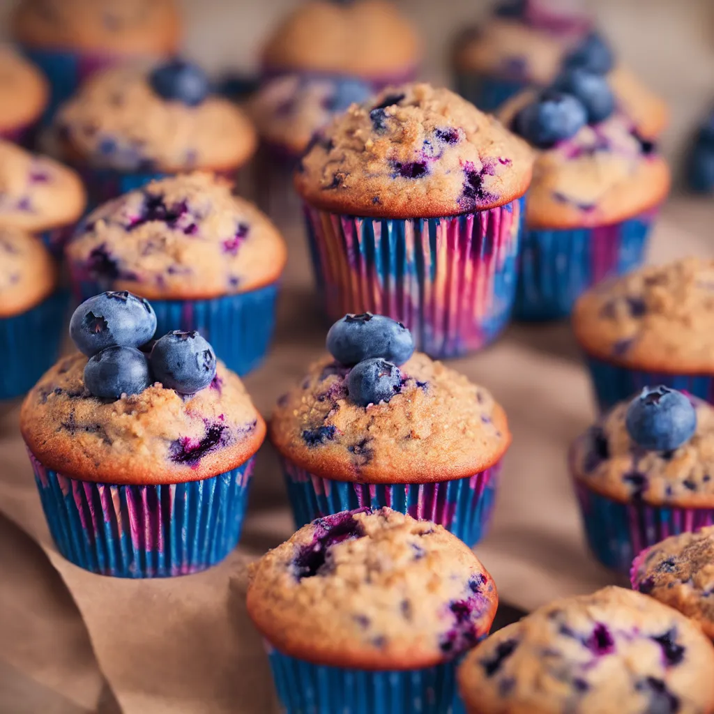 Image similar to colourful macro photo of blueberry cupcakes, photorealistic, dynamic lighting, bokeh, Canon 85mm vintage lens