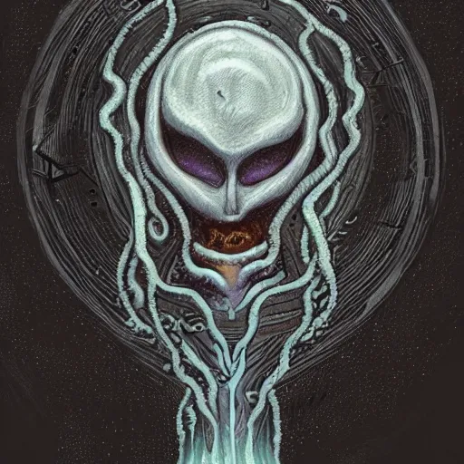 Prompt: lovecraftian eldritch being, made of dark matter, formless, realistic eerie fantasy illustration