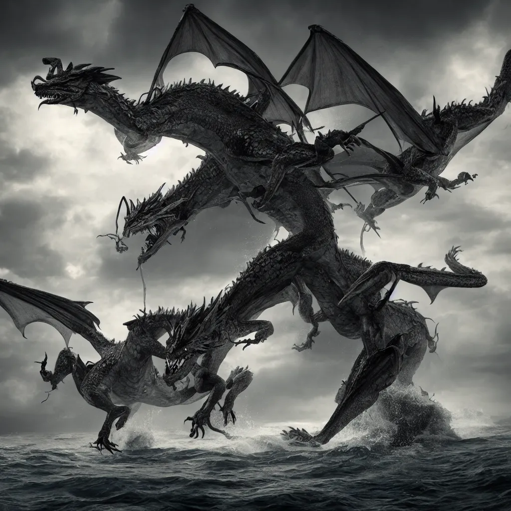 Image similar to a dragon with three heads emerging from the ocean during a storm, dramatic lighting, cinematic, high coherence, hyperrealistic, anatomically correct, path traced, highly detailed, high quality, 8 k hdr, octane render, unreal engine 5, trending on artstation, epic image, turbulent sea, concept art, digital art