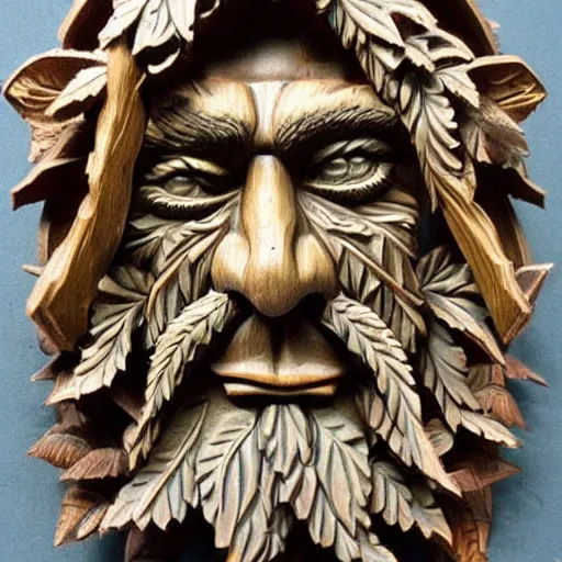 Prompt: highly detailed wood carving depicting the face of the green man, as if made of cannabis leaves