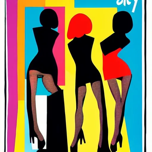 Image similar to stylish 1960s pop art by Evelyne Axell, luscious dancers in silhouette with bold geometric patterns