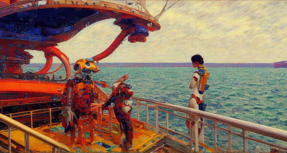 Image similar to detailed close - up of a side view full shot of a spacepunk futuristic neon robotic cyberpunk steamboat in the senna river, people waving, impressionism, oil on canvas, natural colors, horizon, golden hour, masterpiece, detailed, by gustave caillebotte, wlop, mucha, greg rutkowski