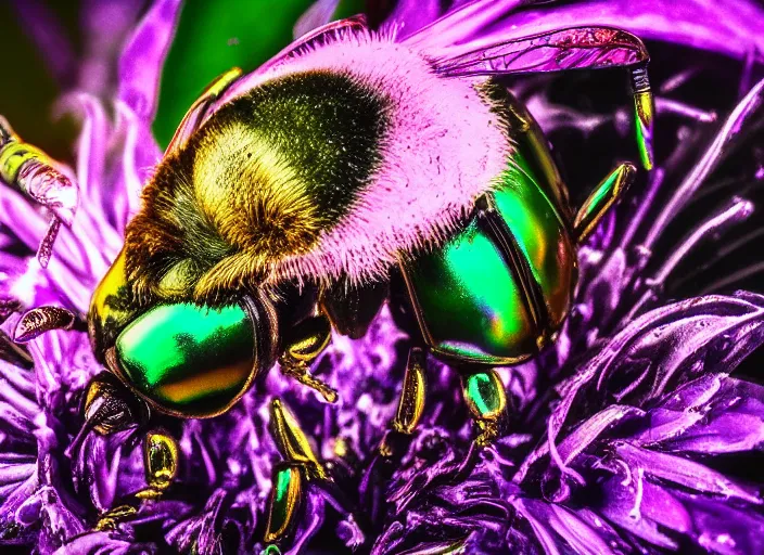 Image similar to super macro of an iridescent mechanical cyborg bee drinking from a flower in the forest. fantasy magic style. highly detailed 8 k. intricate. nikon d 8 5 0 3 0 0 mm. award winning photography.