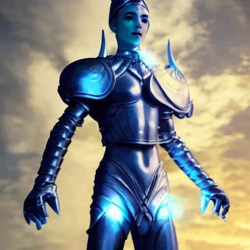 Prompt: lumineth realmlords elves, warrior, white and gold and blue, full body portrait, hyperrealistic, white city background, octane render