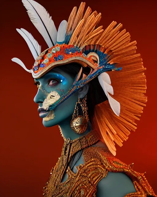 Image similar to 3 d warrior goddess close - up profile portrait. beautiful intricate highly detailed mexican magpie helm and richly embroidered blouse, quetzalcoatl, stingray, bioluminescent, plasma, lava, ice, feather, wind, stormy, artwork by tooth wu and wlop and annie leibovitz, octane 3 d render