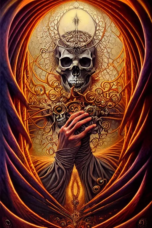 Image similar to A beautiful detailed orixa, tarot card, by tomasz alen kopera and Justin Gerard, symmetrical features, ominous, magical realism, texture, intricate, ornate, royally decorated, skull, skeleton, whirling smoke, embers, red adornements, red torn fabric, radiant colors, fantasy, trending on artstation, volumetric lighting, micro details, 3d sculpture, ray tracing, 8k, anaglyph effect