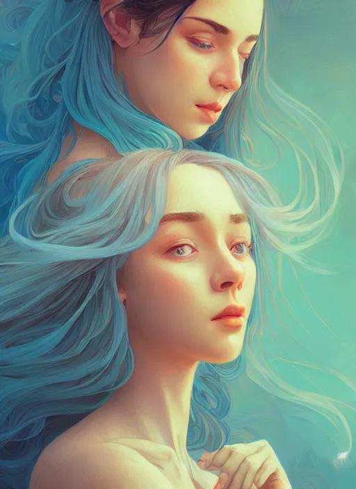 Image similar to handsome young women with shoulder length light blue hair, half body shot, path traced, highly detailed, high quality, digital painting, alena aenami, lilia alvarado, shinji aramaki, karol bak, alphonse mucha, tom bagshaw