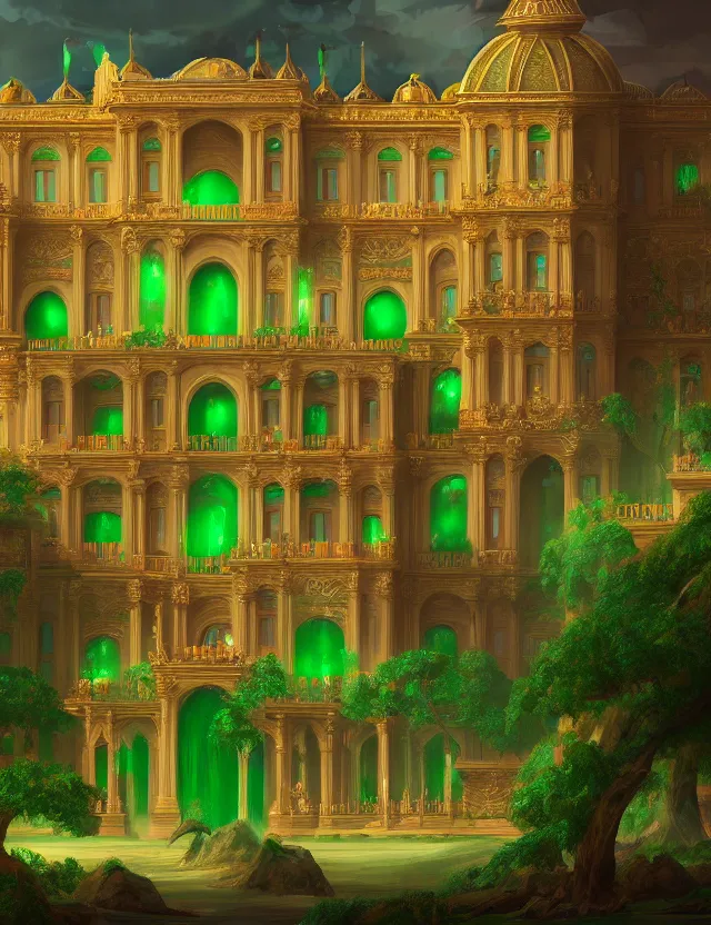 Prompt: a detailed digital painting of a palace made of gleaming emeralds, trending on artstation, digital art, 4 k resolution, detailed, high quality, sharp focus, hq artwork, coherent, insane detail, character portrait