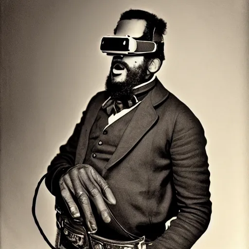 Prompt: an old historical black and white portrait photograph of a man wearing VR goggles in the wild west, during the gold rush, 19th century