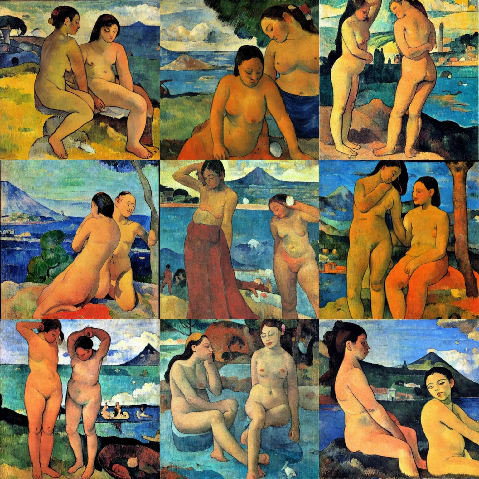 Prompt: Two young ladies bathing close to Naples Vesuvio as Paul Gauguin style