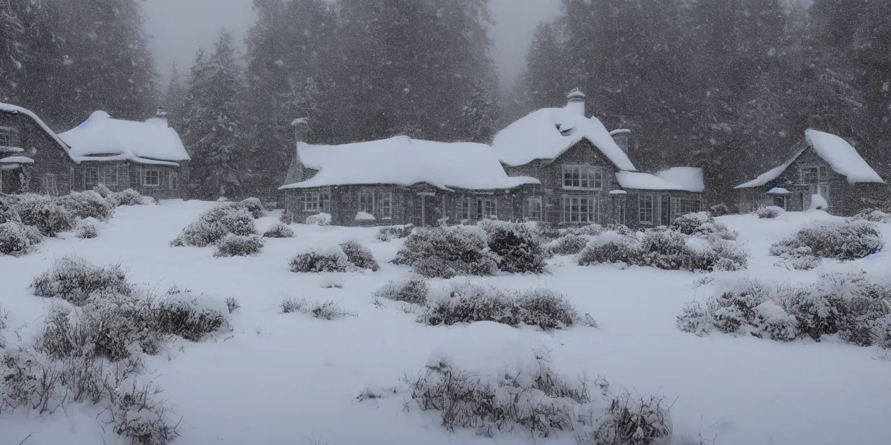 Prompt: blizzard with cottage in clearing obscured by snow and hail, the windows are lit, snowy!!!!!, 4k, realistic, cinematic