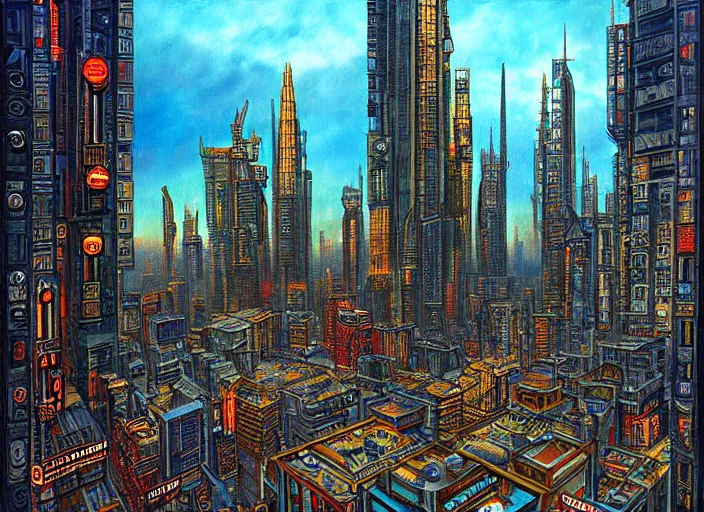 Image similar to a stone age cyberpunk cityscape by vladimir tretchikoff