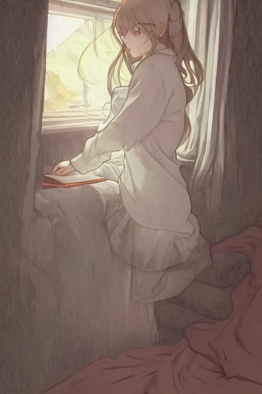 Image similar to a girl in a jk uniform outfit in the bedroom reading a book in a night, raining outside the window, grey and orange theme ， wavy white long hair, by krenz cushart and mucha and akihito yoshida and greg rutkowski and makoto shinkai and vincent van gogh and monet, detailed eyes, 4 k resolution