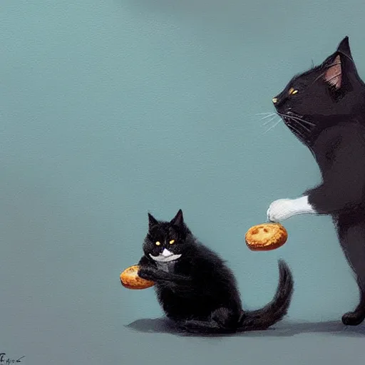 Image similar to a black fat cat holding a bagel!, art by greg rutkowski