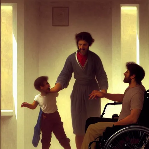 Image similar to a male patient in a wheelchair in the hospital with his wife and son standing by. happy, cheerful, smiling, intricate, face enhance, sharp focus, cinematic lighting, featured in artistation, 8 k, art by greg rutkowski, william adolphe bouguereau