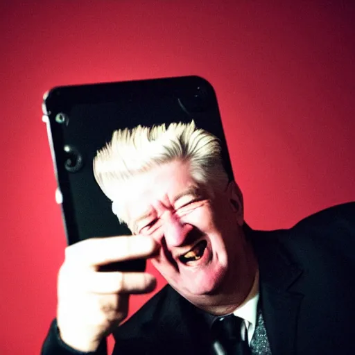 Prompt: David Lynch taking a selfie laughing