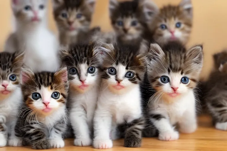 Image similar to exactly five kittens in a room and the kittens are looking directly into the focal point of the camera