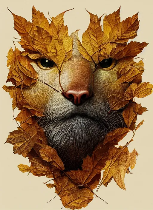 Image similar to golden leaves at frame border, creative!!! composition for a book cover, absurdly beautiful, ultrafine hyperrealistic detailed animal face by wlop and artgerm and greg rutkowski, intricate linework, sharp focus, smooth, octopath traveler, final fantasy, unreal engine, dramatic lighting, ethereal, 8 k