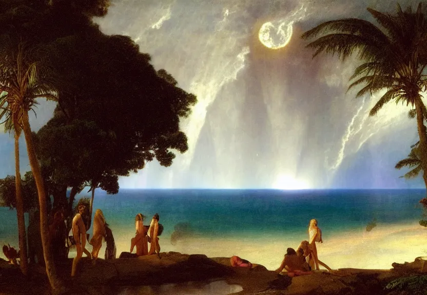 Image similar to The palace, Moon refracted sparkles on the ocean, thunderstorm, greek pool, beach and Tropical vegetation on the background major arcana sky, by paul delaroche, hyperrealistic 4k uhd, award-winning, very very very detailed