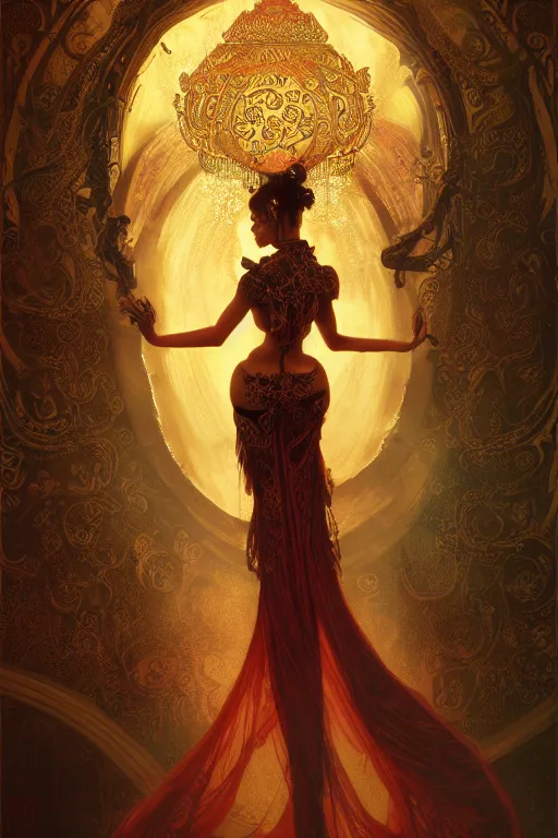 Image similar to tarot card artstation, portrait of a black love dancer, sunrise, baroque ornamnet and rococo ornament, ancient chinese ornate, hyperdetailed, beautiful lighting, craig mullins, mucha, klimt, yoshitaka amano, red and gold and orange color palatte