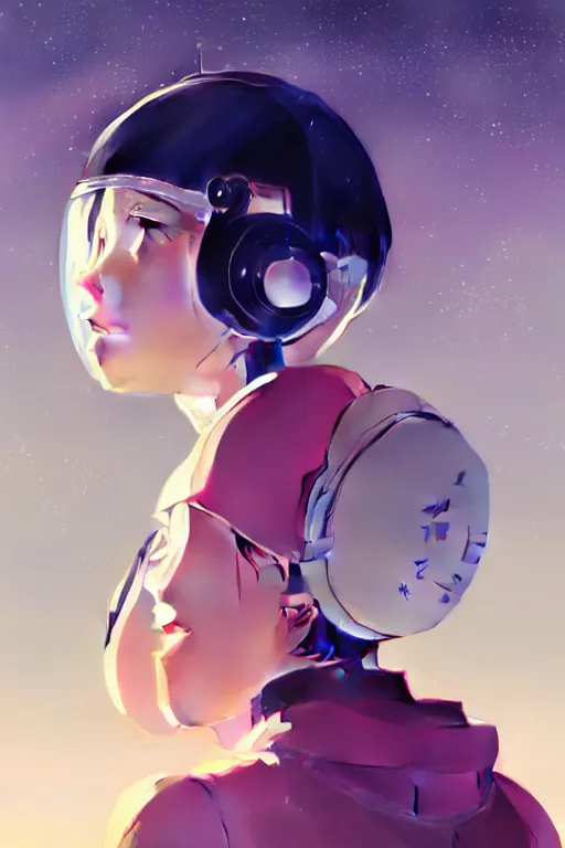 Image similar to portrait of a girl with astronaut helmets by ilya kuvshinov, cloudy sky background lush landscape ln illustration concept art anime key visual trending pixiv by victo ngai fanbox by greg rutkowski makoto shinkai takashi takeuchi studio ghibli