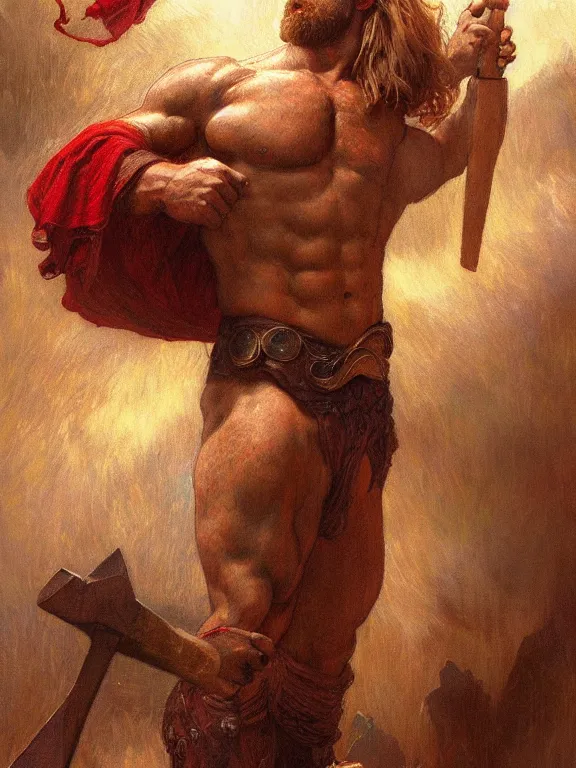 Image similar to painted portrait of rugged thor, god of thunder, norse god, red hair, masculine, mature, handsome, upper body, red and gold, muscular, hairy torso, fantasy, intricate, muscular, elegant, highly detailed, digital painting, artstation, concept art, smooth, sharp focus, illustration, art by gaston bussiere and alphonse mucha