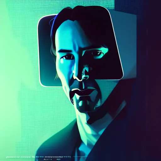 Image similar to duotone noir scifi concept portrait illustration of keanu reeves floating inside box zero gravity glowing 3 d mesh portals futuristic, octane render, surreal atmosphere, volumetric lighting. accidental renaissance. by sachin teng and sergey kolesov and ruan jia and heng z. graffiti art, scifi, fantasy, hyper detailed. trending on artstation