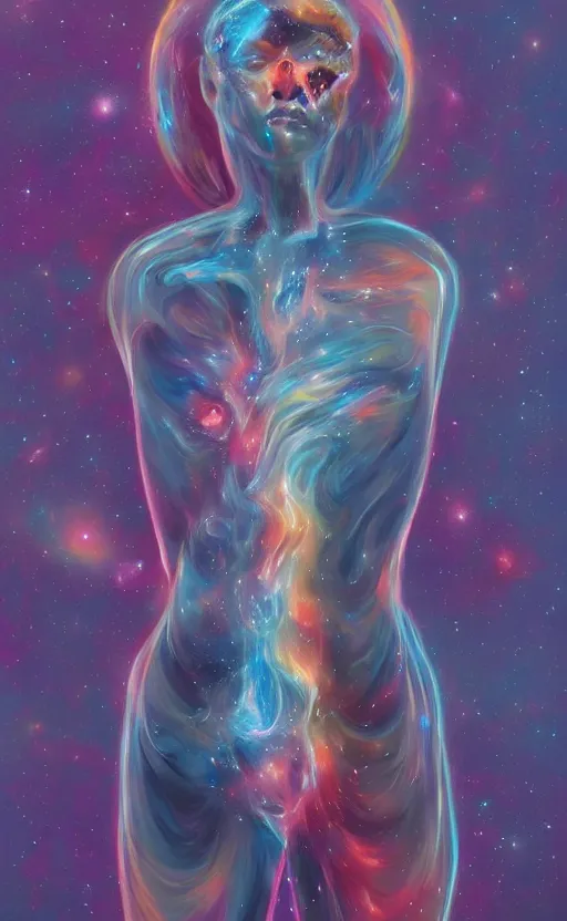 Image similar to the soul detaching from the body in the universe, artstation, digital painting