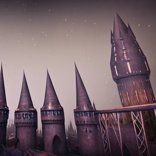 Image similar to hogwarts towers, night sky, mid shot, ultra detailed, hyperrealistic, octane render, unreal engine, snow, mist and fog, depth of field, intricate details, ornate