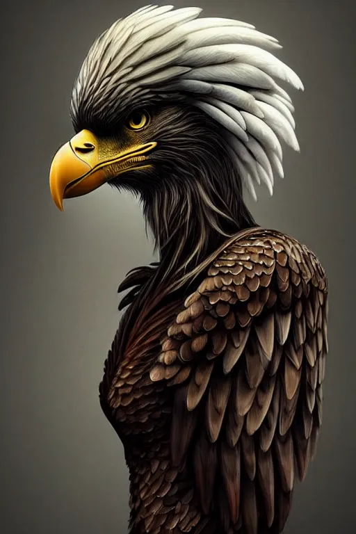 Image similar to epic professional digital portrait of attractive female human - eagle hybrid animal, wearing human air force jumpsuit, humanoid feathered head, eagle beak, by lisa roet, leesha hannigan, wayne haag, iris van herpen, artstation, cgsociety, epic, much wow, much detail, gorgeous, detailed, cinematic, masterpiece