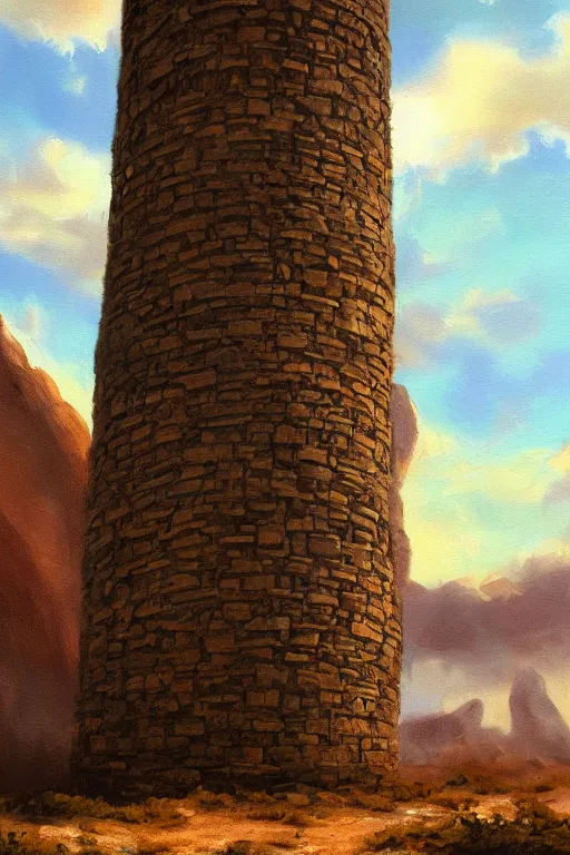 Image similar to an oil painting of an old decaying tower in the middle of a vast desert, fantasy, hyper realistic, atmospheric lighting, 8k,