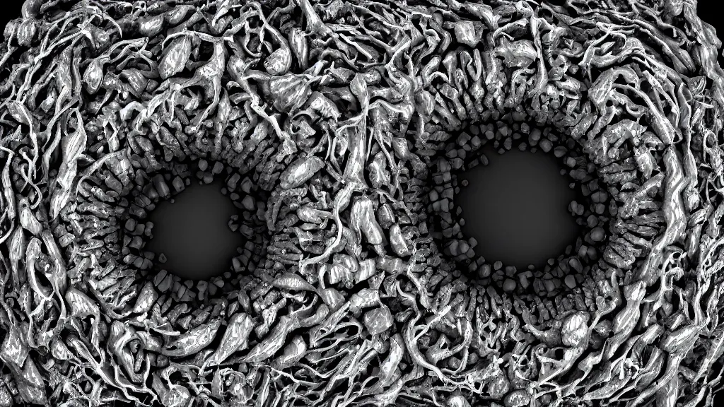 Prompt: beautiful 3 d closeup photo of deadly virus infecting a cell, seen through a microscope, detailed, high contrast, dark, sinister, ambient, monochrome, depth of field, scientific diagram, 8 k, octane render