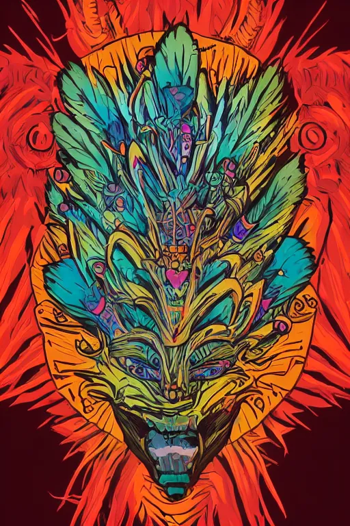 Image similar to totem animal mask tribal feather gemstone plant wood rock shaman vodoo video game vector illustration vivid multicolor borderlands comics by josan gonzales and dan mumford radiating a glowing aura