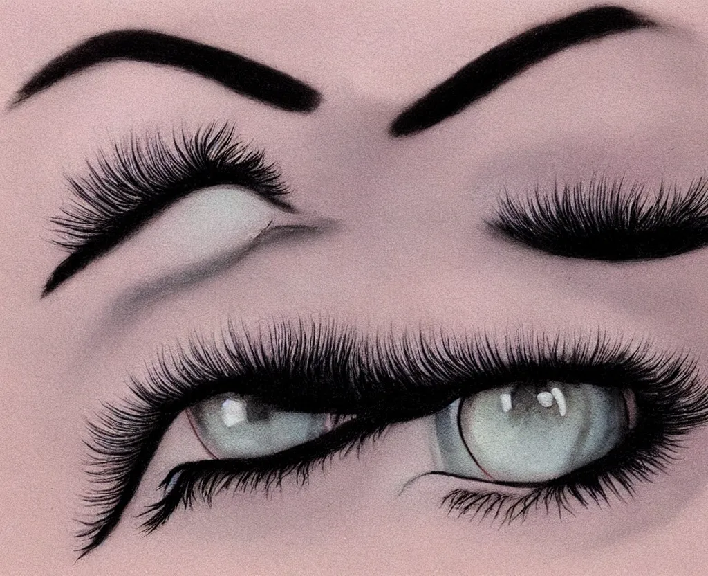 Prompt: realistic and detailed soft airbrush of female eye with eyeliner and long lashes on white background, inspired by 8 0's airbrush illustrations, art by masao saito