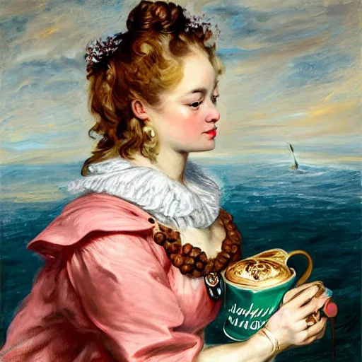 Image similar to heavenly summer sharp land sphere scallop well dressed lady drinking a starbucks coffee cup, auslese, by peter paul rubens and eugene delacroix and karol bak, hyperrealism, digital illustration, fauvist, starbucks coffee cup