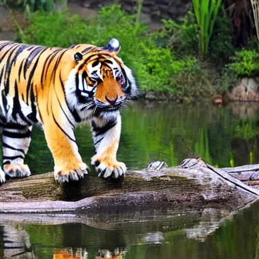 Image similar to a mighty Chinese tiger standing on a log ready to hunt prey in the water