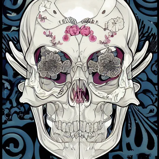 Prompt: anime manga skull portrait pretty face skeleton illustration style by Alphonse Mucha and James Jean pop art nouveau