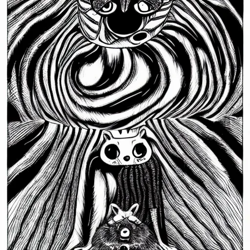 Image similar to black and white illustration creative design, raccoon, junji ito, body horror