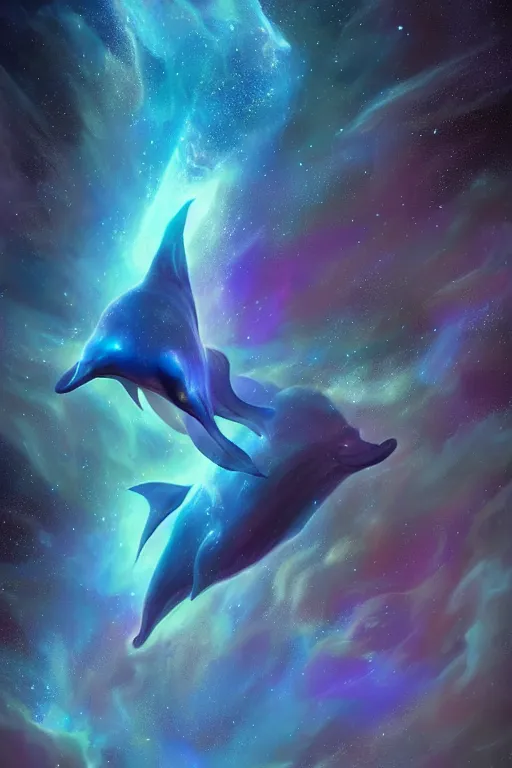 Image similar to Ethereal blue fire dolphin flying through a nebula, Sirius star system, star dust, cosmic, magical, shiny, glow,cosmos, galaxies, stars, outer space, stunning, by andreas rocha and john howe, and Martin Johnson Heade, featured on artstation, featured on behance, golden ratio, ultrawide angle, hyper detailed, photorealistic, epic composition, wide angle, f32, well composed, UE5, 8k