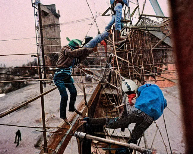 Image similar to lomo photo of roofjumpers climbing on roof of soviet hrushevka, small town, cinestill, bokeh, out of focus