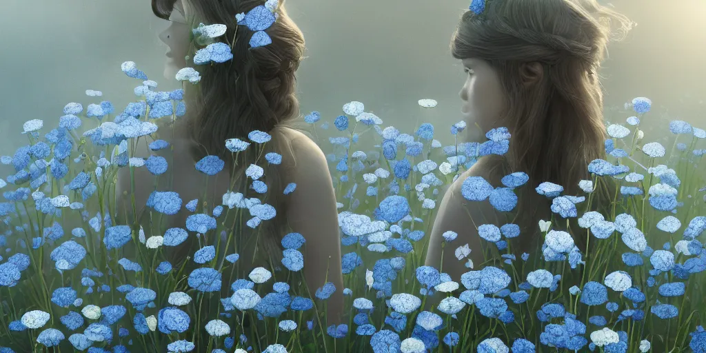 Image similar to goddess of nemophila flowers portrait, amalgamation of leaves and flowers, orthodox saint, beautiful raking sunlight, nemophila flowers, no hands. intricate artwork by Hsiao-Ron Cheng. octane render, trending on artstation, greg rutkowski. cinematic, hyper realism, high detail, octane render, 8k