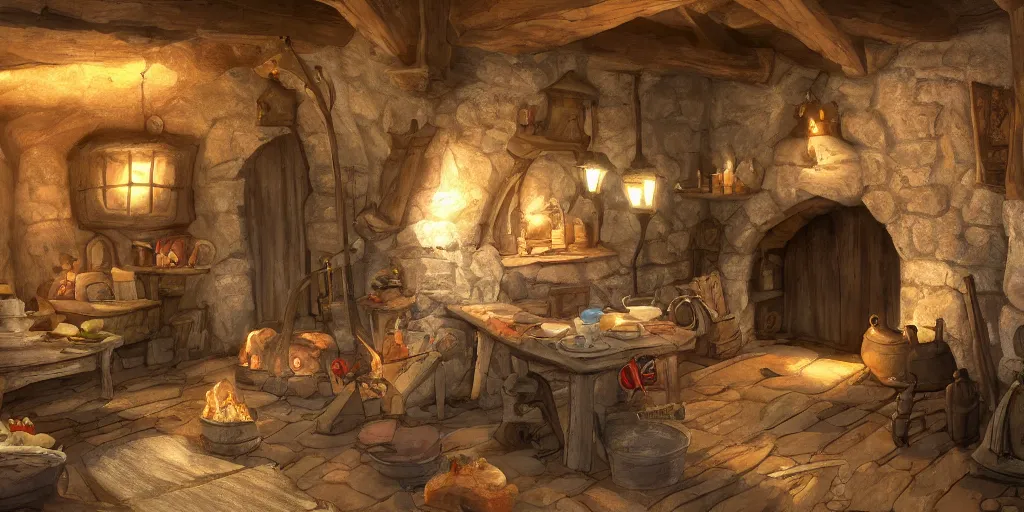 Prompt: medieval cottage interior, pixar animation