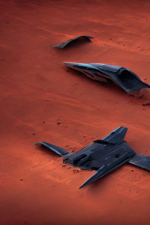 Image similar to professional photograph of a crashed neo - futuristic simplified symmetrical stealth fighter by ilm, denis villeneuve, emmanuel shiu, zaha hadid, dust, vapor, cinematic mars desert scene, red paint detail, manga, dramatic, volumetric, concept art, hard surface, hyperrealism, high detail, trending on artstation, sharp focus, rendered in octane